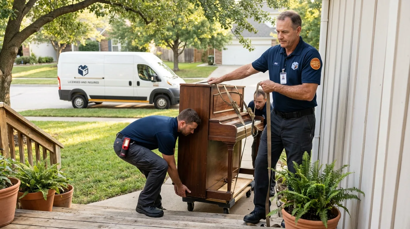Licensed piano movers securing grand piano in Homedale, ID