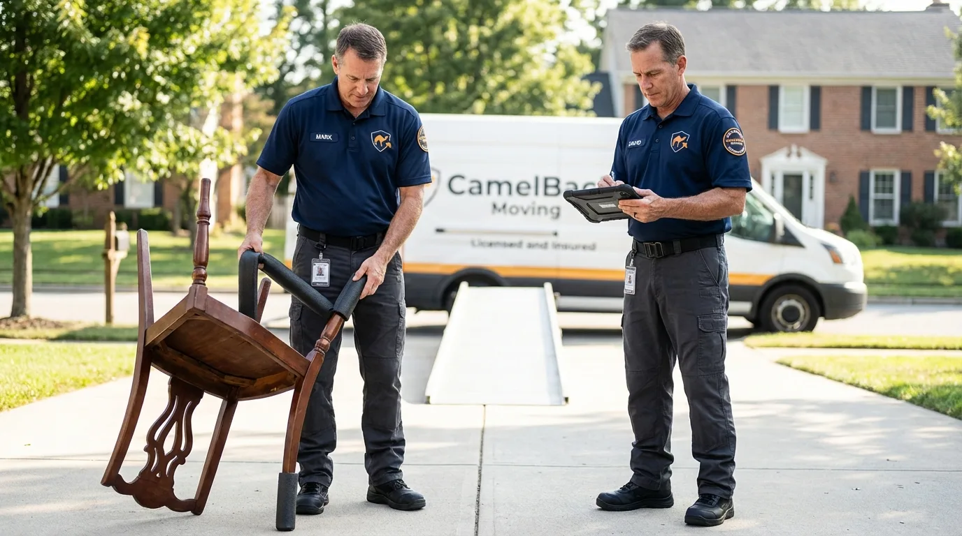Movers inspecting furniture for damage prevention before loading in Homedale, ID