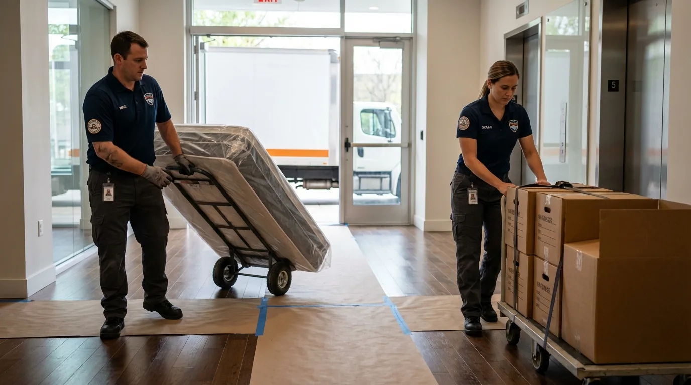 Professional apartment movers loading elevator in Homedale, ID
