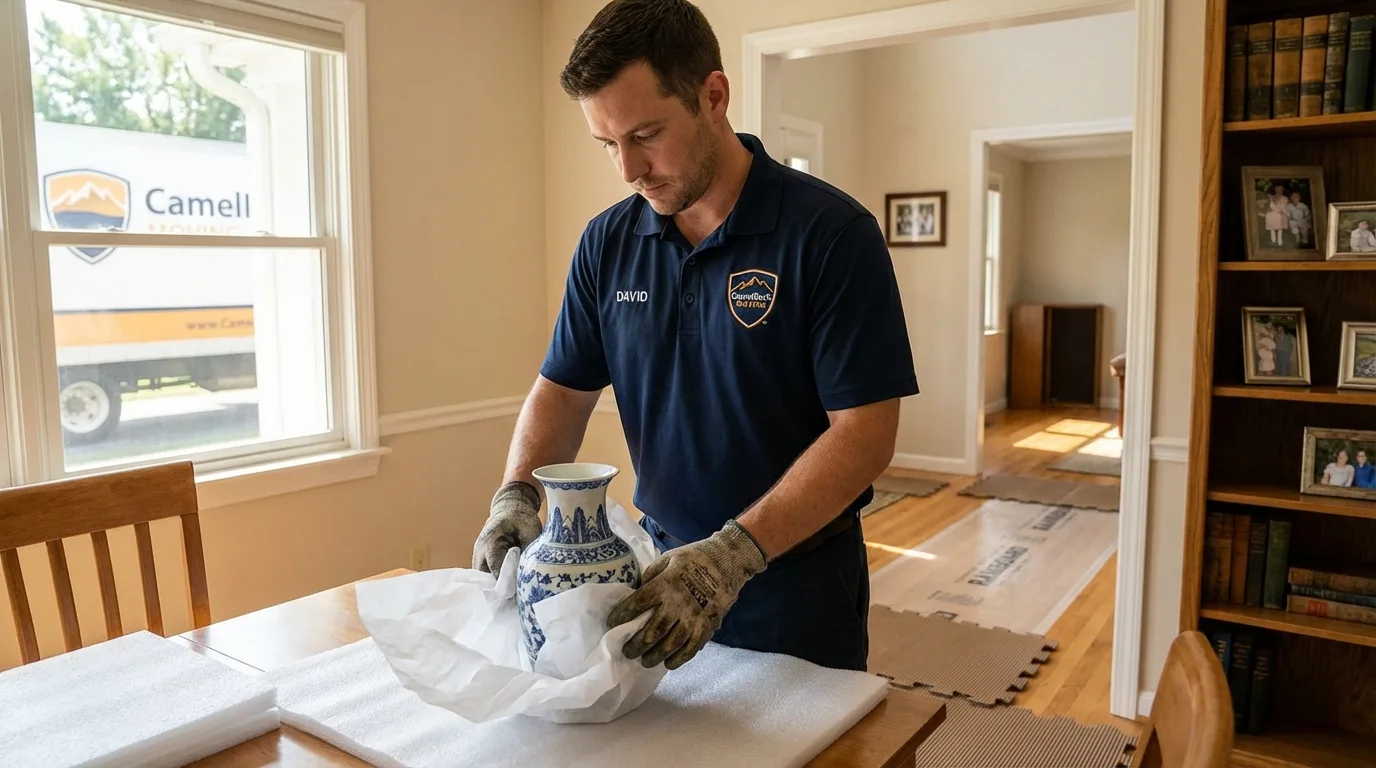 Professional crew carefully wrapping antique vase for senior downsizing move in Homedale, ID